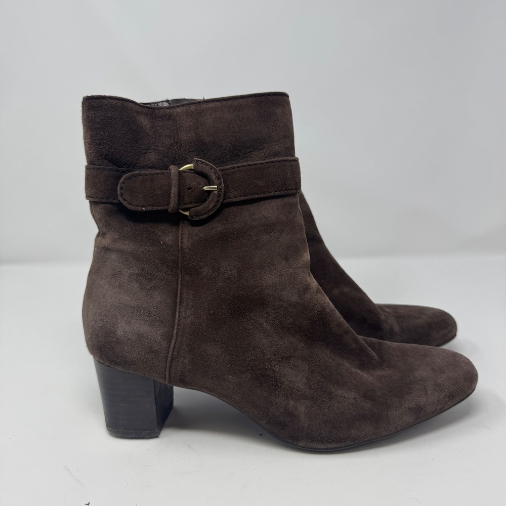 Bandolino Women Brown Suede Buckle Ankle Boots Block Heel Zip Up Size‎ 9.5 M